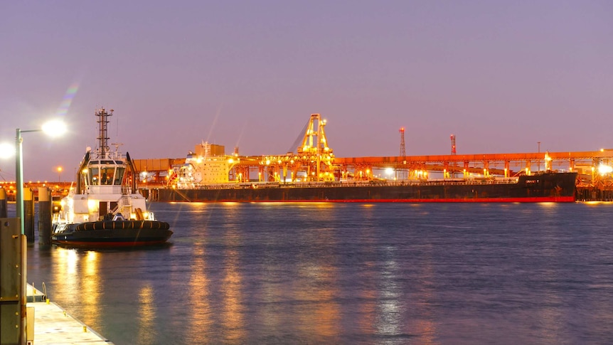 A large cargo ship is loaded at night with a tugboat in the foreground.