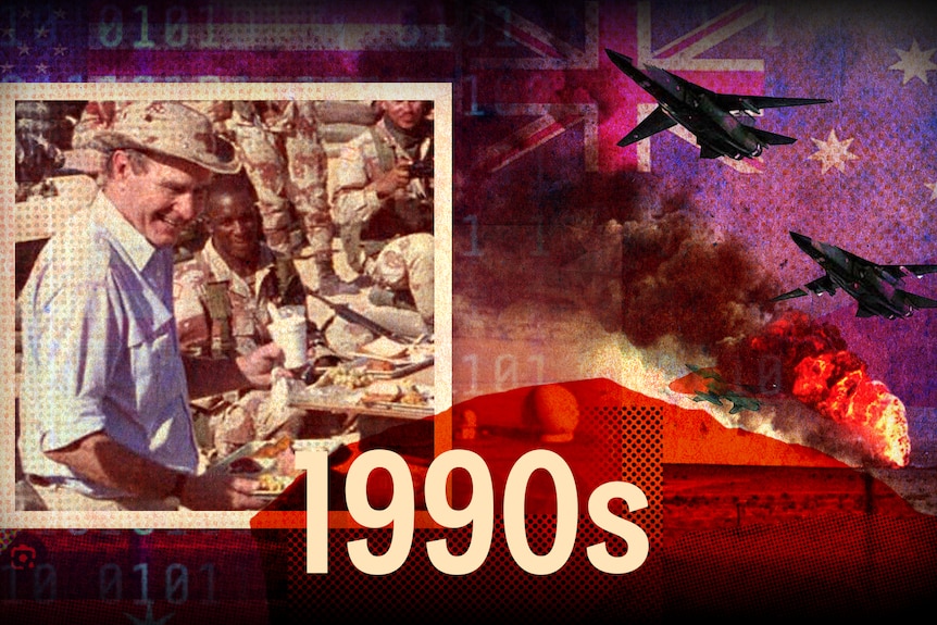 A composite image depicting certain scenes from the 1990s, including George HW Bush and F-111 jets.