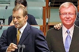 Tony Abbott stands next to a cardboard cut-out of Kevin Rudd