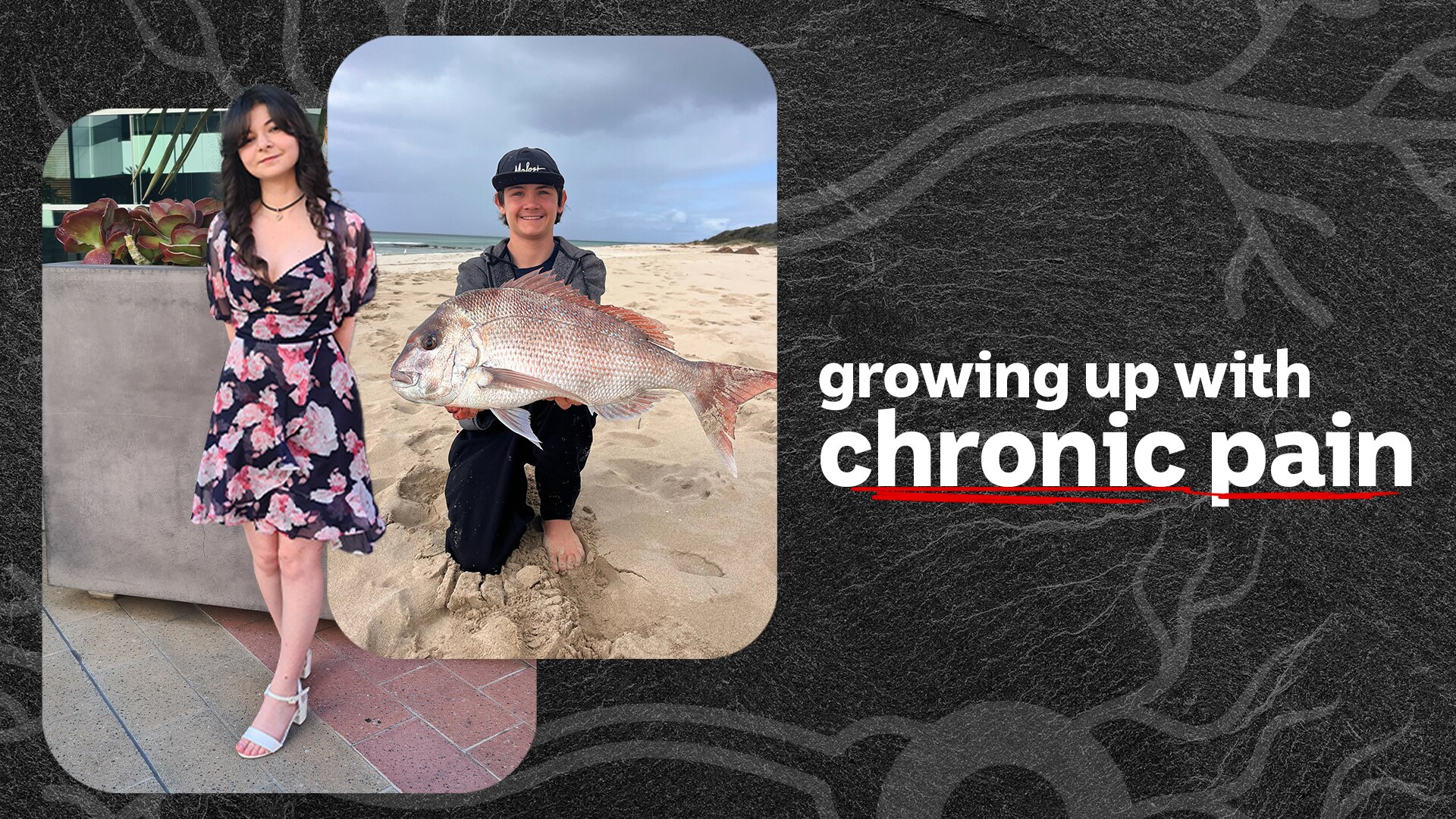 Dayna stands outside and Cooper holds a large snapper on the beach.
