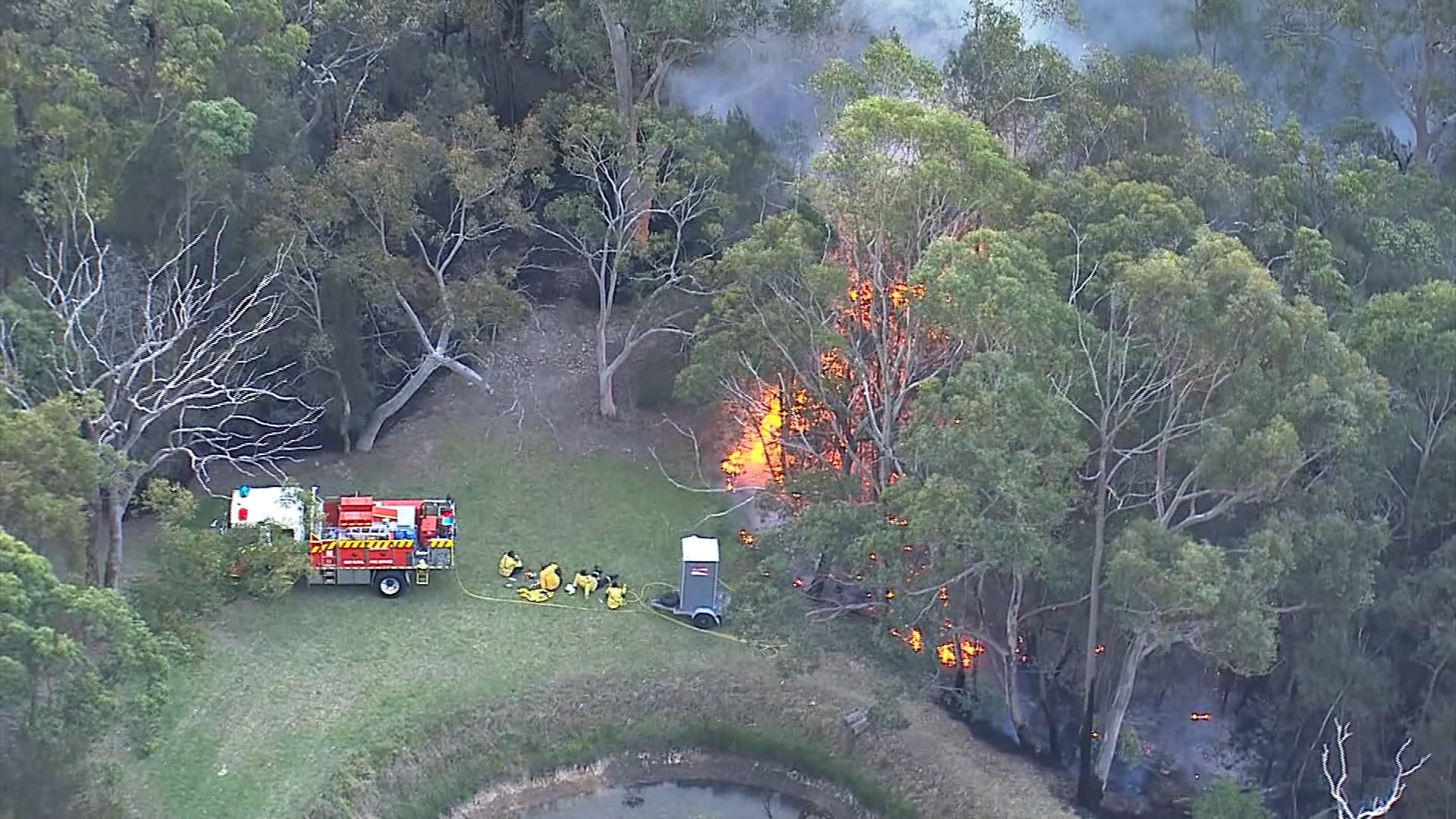 An aerial image showing line of fire snaking through trees and thick scrub.