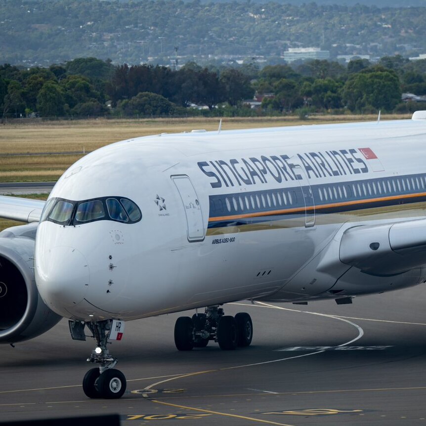 A Singapore Airlines plane on the tarmac at Adelaide Airport.