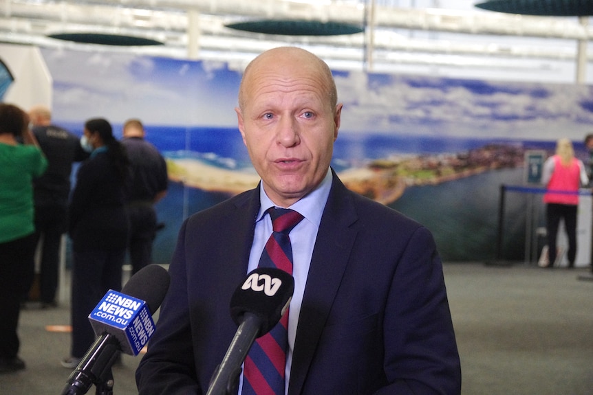 Chief Executive of Hunter New England Health Michael DiRienzo speaking to media at the Belmont mass vaccination hub