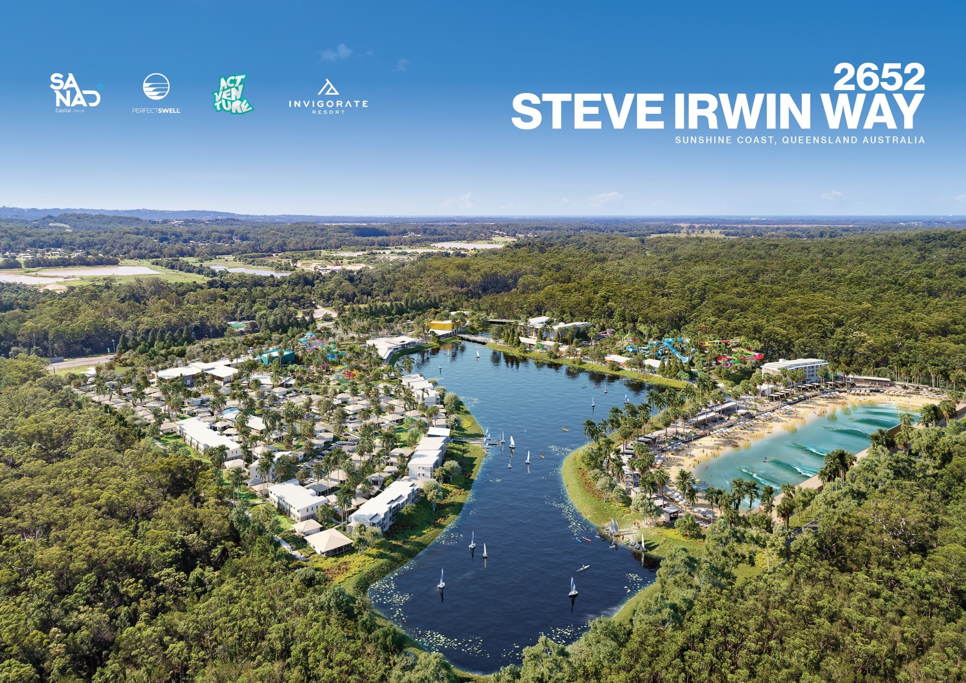 Artist impression of waterpark with big lake in the middle