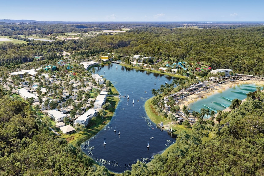 Artist impression of waterpark with big lake in the middle