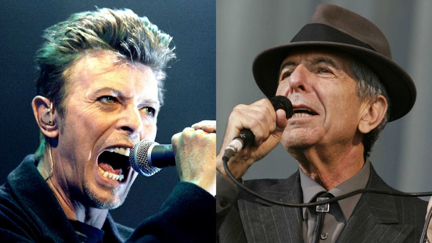 Composite image of David Bowie and Leonard Cohen