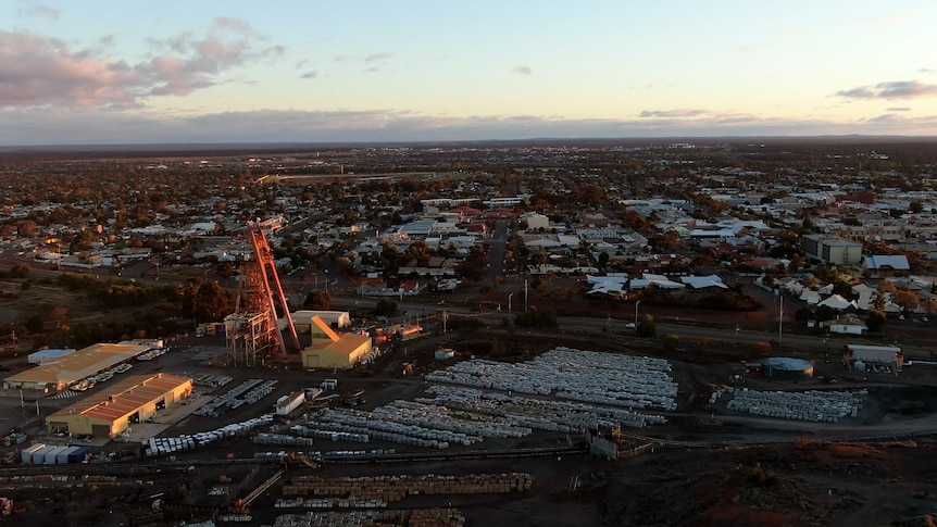 An aerial image overlooking a gold mine and the city of Kalgoorlie-Boulder captured by drone.   