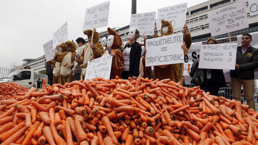 Protesters stand behind tons of carrots dumped in Paris.