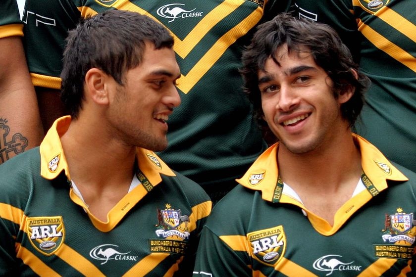 LtoR Karmichael Hunt shares a joke with Johnathan Thurston