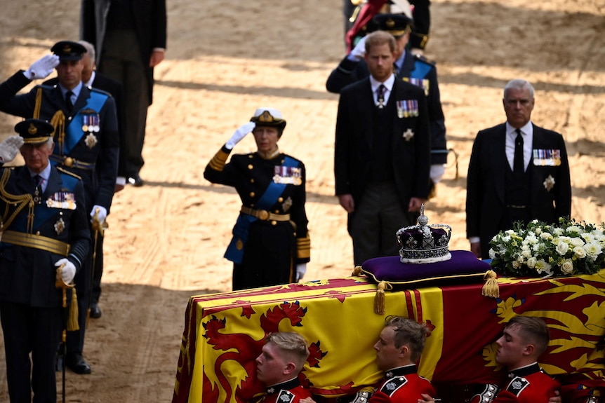 The Queen's relatives salute her coffin. 