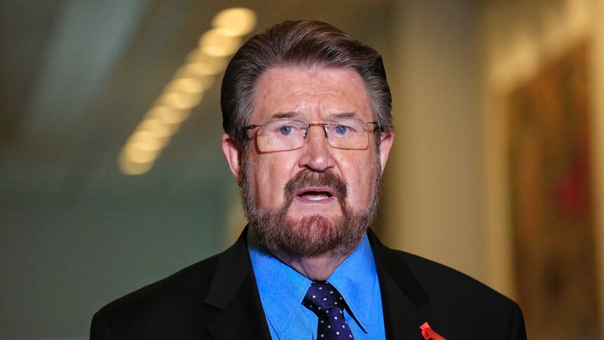 Justice Party senator Derryn Hinch wears a red ribbon as he speaks to reporters regarding 18c in Parliament House