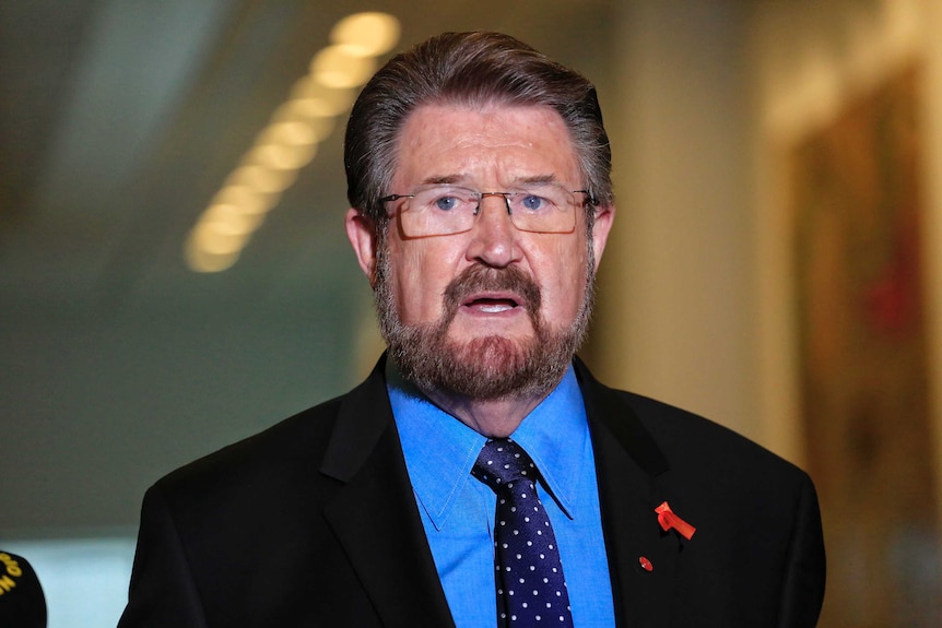 Justice Party senator Derryn Hinch wears a red ribbon as he speaks to reporters regarding 18c in Parliament House