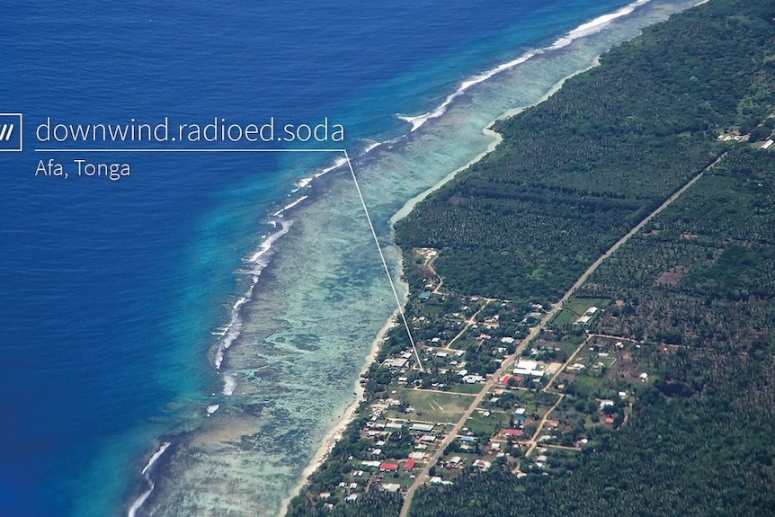 A view from the air of a house in Tonga with its unique three word address.
