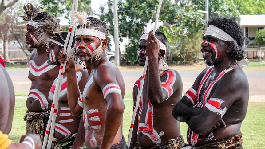 Mornington Island dancers standing around, getting ready to perform.