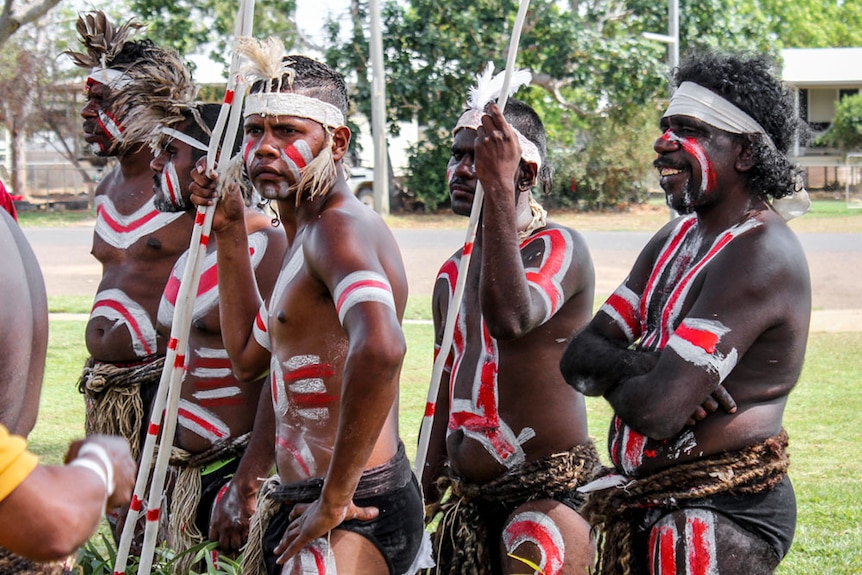 Mornington Island dancers standing around, getting ready to perform.