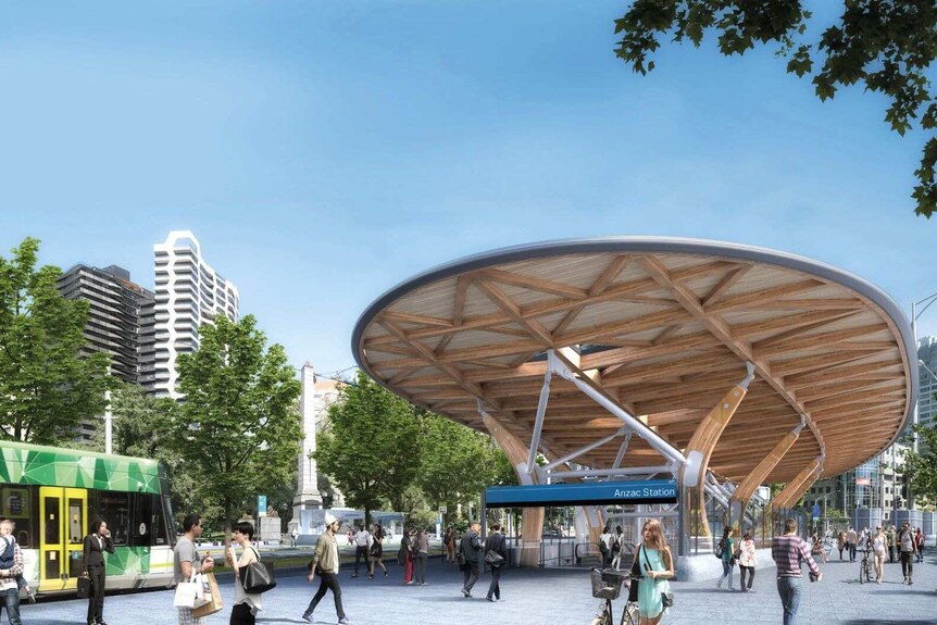 A concept image of the entrance to the new Anzac Station on St Kilda Road, featuring an oval timber roof above the escalators.
