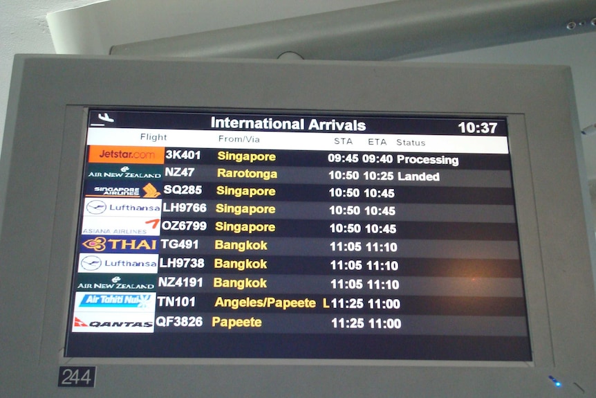 A sign with a list of international flights arriving in Auckland.