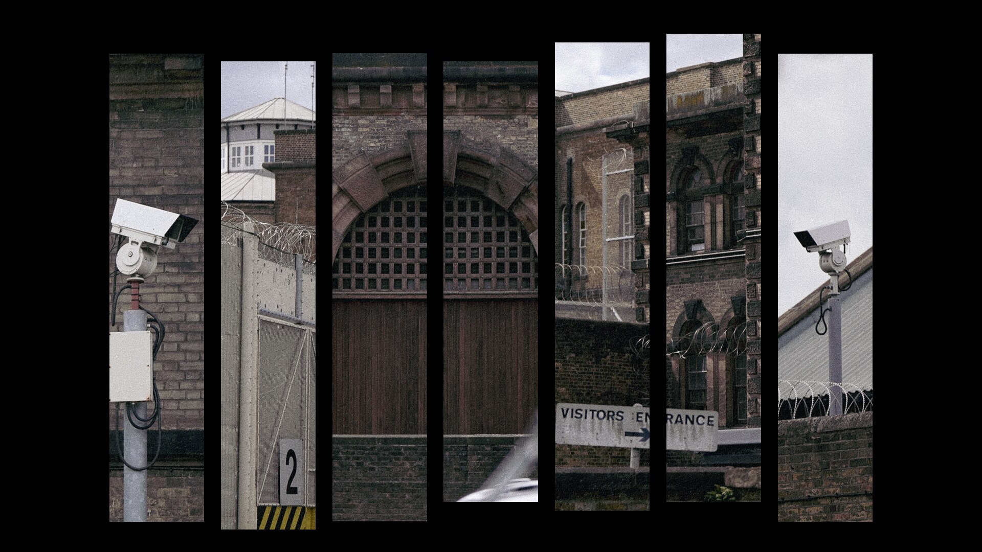 A collage of images of an old prison in London, with an arched gate and windows, CCTV cameras, barbed wire and a watch tower.