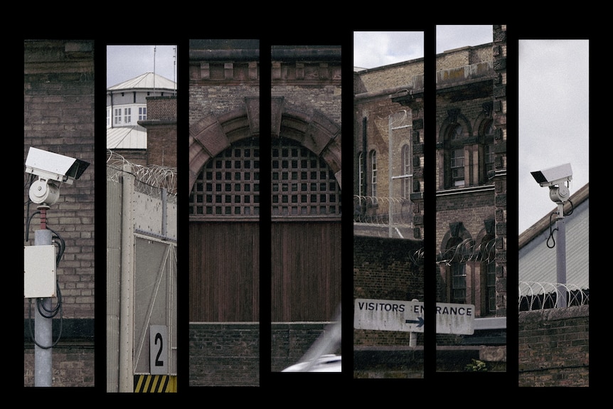 A collage of images of an old prison in London, with an arched gate and windows, CCTV cameras, barbed wire and a watch tower.