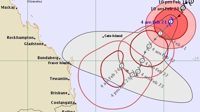 A map shows the coast of Queensland and northern NSW with the predicted path of Cyclone Oma
