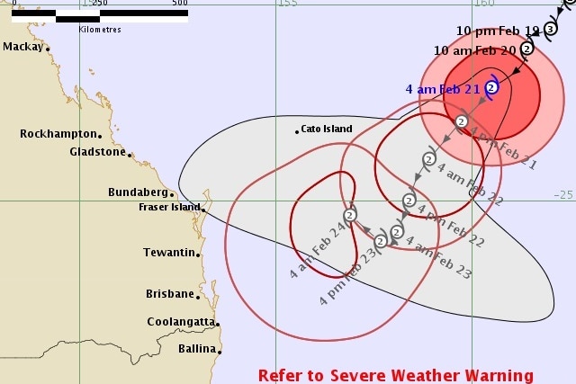 A map shows the coast of Queensland and northern NSW with the predicted path of Cyclone Oma
