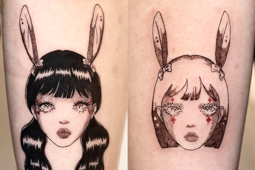 A sample of a tattoo Angel Prado has done with two female heads with bunny ears.