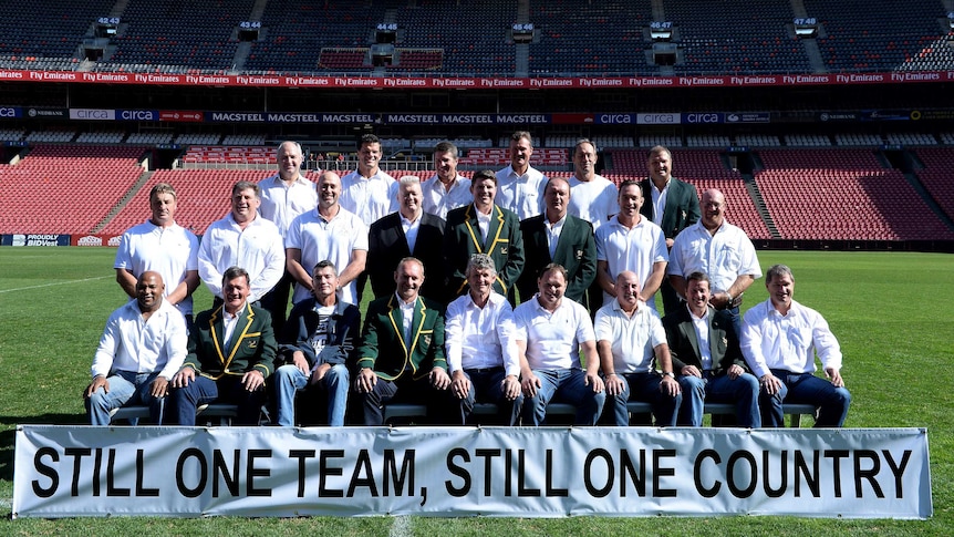 Team picture at Ellis Park, Johannesburg for 20th anniversary of Springboks Rugby World Cup victory.