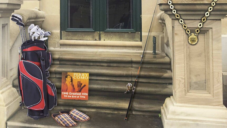 Items inserted into a photo of the steps of Tasmania's Legislative Council building.