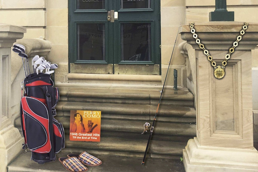 Items inserted into a photo of the steps of Tasmania's Legislative Council building.