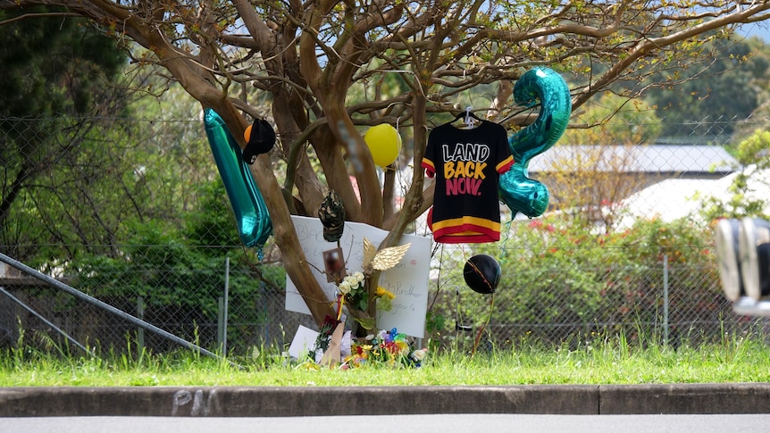 Placards, balloons, flowers and a shirt hang from a tree by the side of a road.