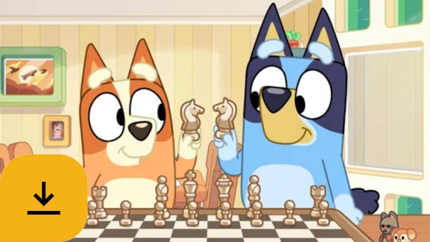 Bluey and Bingo holding up chess pieces