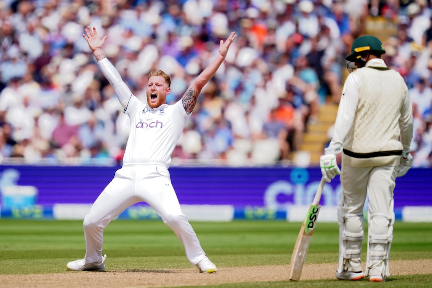 Ben Stokes holds his arms in the air and appeals towards the umpire