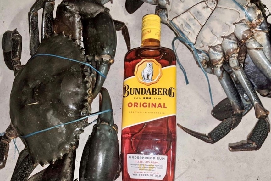 mud crabs next to a bottle of rum