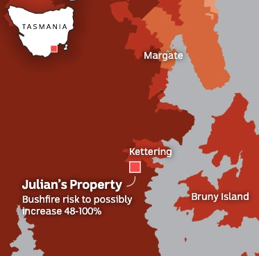 A map showing possible bushfire risk in south east Tasmania. A large area of the map is in dark red.