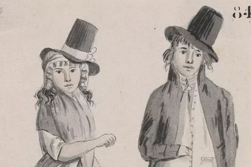A drawing on yellowed paper of a woman and man standing close to each other, wearing hats and semi-formal clothes and messy hair.