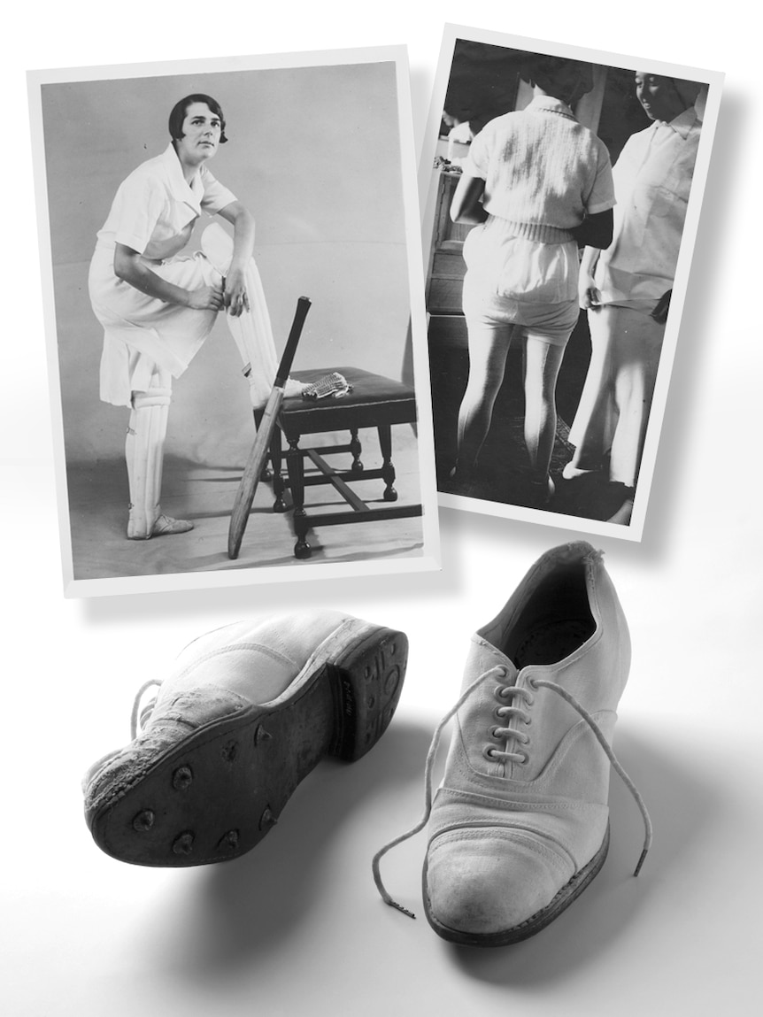 A black and white collage of images of women getting dressed for cricket and cricket shoes. 