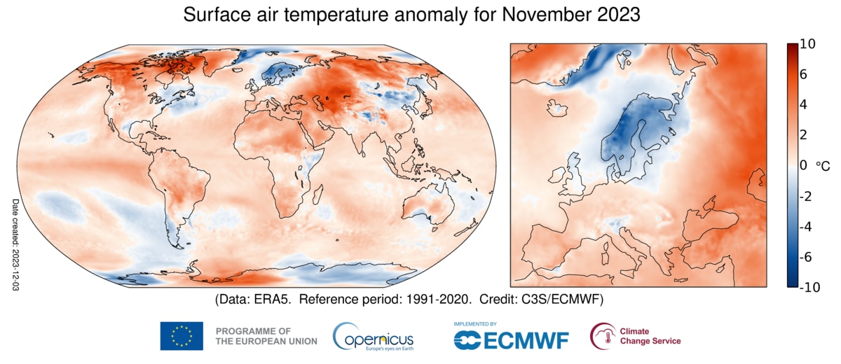 A map showing different parts of the world being hotter and colder than average