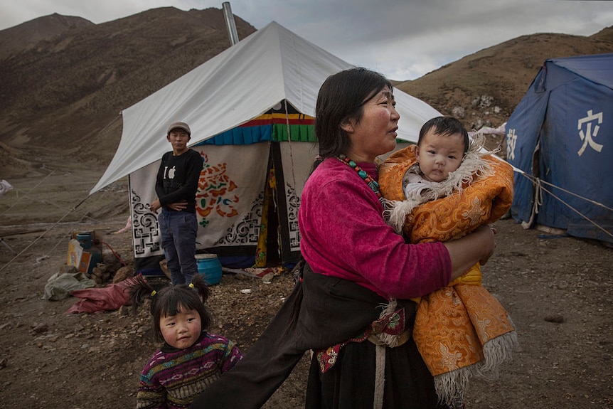 Tibetan woman and her children