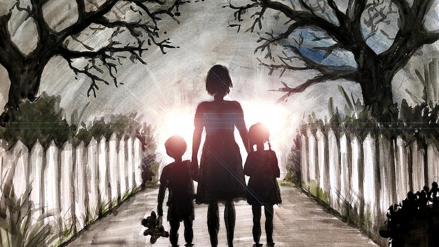 An illustration of a mother and two children standing on a road as headlights approach.