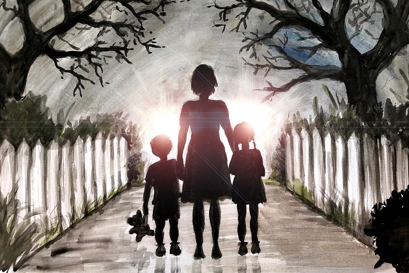 An illustration of a mother and two children standing on a road as headlights approach.