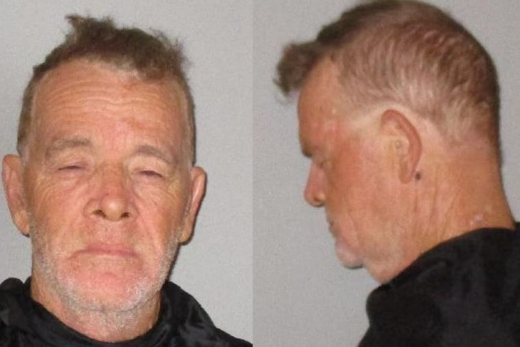 Front and side profile mug shots show a white man with ruffled skin and grey skin squinting
