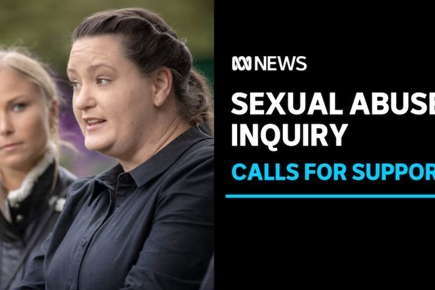 Sexual Abuse Inquiry, Calls for Support: A woman speaks at a media conference while another woman looks on.