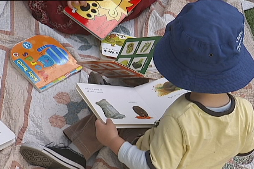 A child sitting on a blanket and reading books.