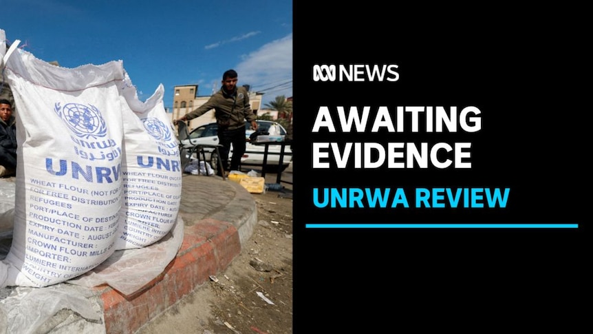 Awaiting evidence: UNRWA review: A man approached two white sacks labelled "UNRWA".