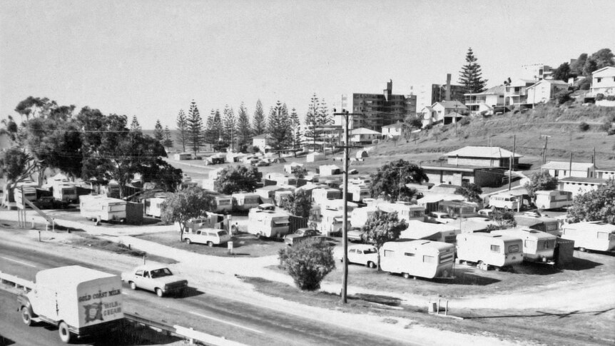 Black and white photo of a caravan park on the Gold Coast.