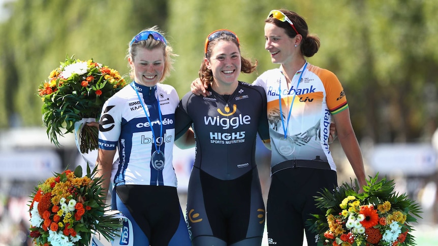 Chloe Hosking on the podium after winning women's Tour de France