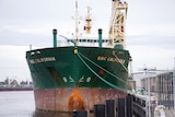 Front on shot of a large cargo ship berthed.