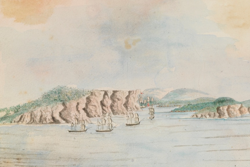 A coloured drawing showing the First Fleet ships sailing into Sydney Cove, or Port Jackson.