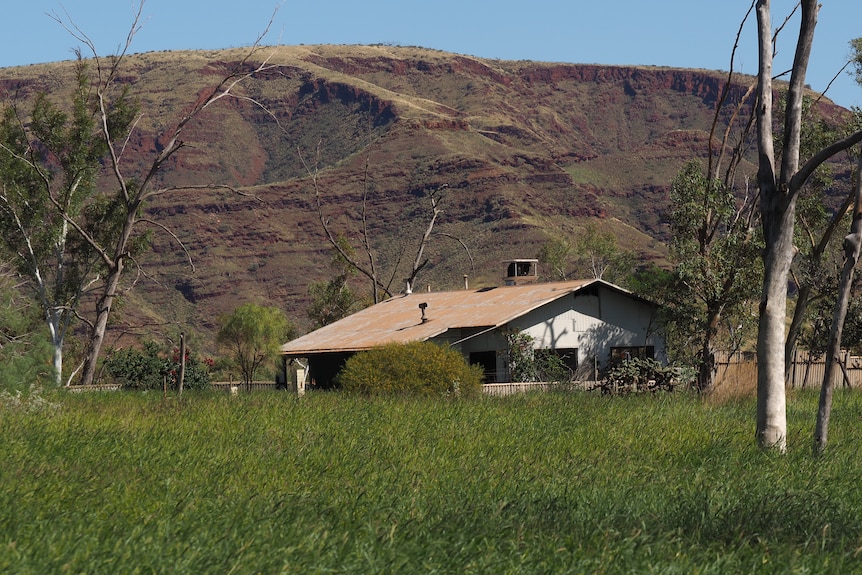 An abandoned house in sits on a grassy field and below large hills. 