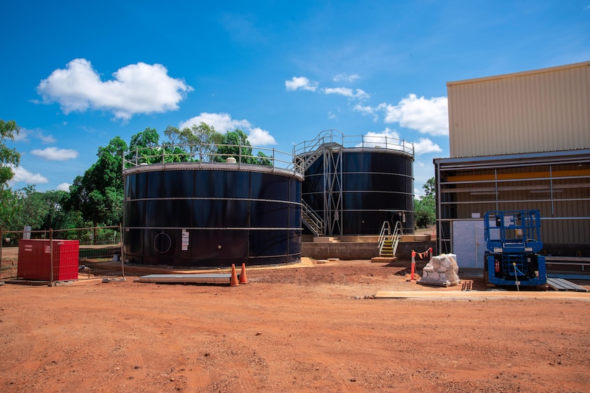 Tanks at a water treatment plant in the outback.